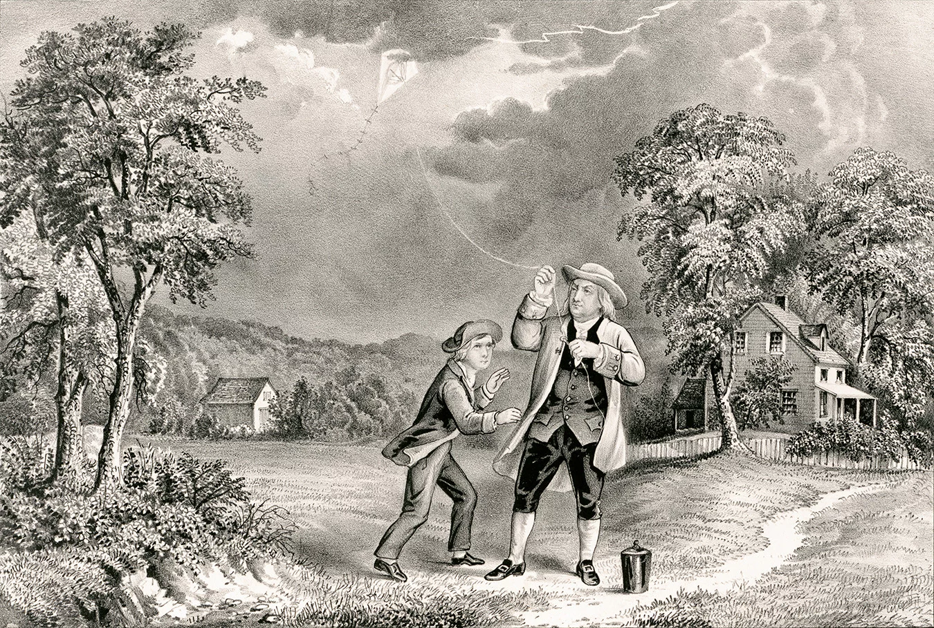 Illustration of Ben Franklin and assistant with kite.