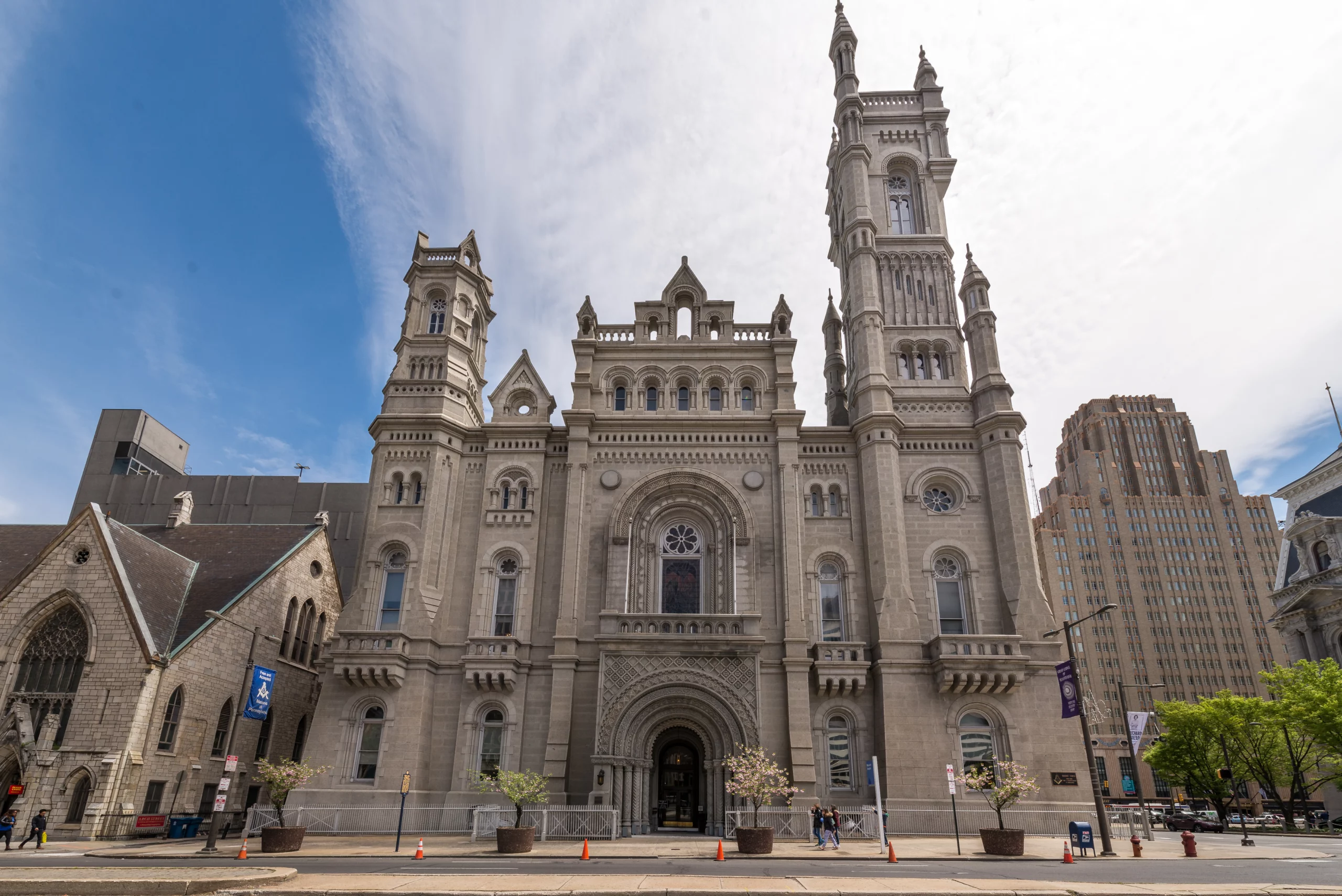Exterior of Masonic Temple, a large stone building with a tower on one side.