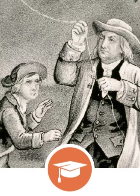 Drawing of Ben Franklin and assistant with kite string with graduation cap icon