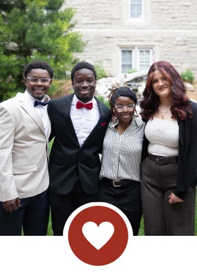 Group of teens dressed up with heart icon.