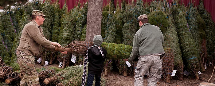PAFreemason_Website_CoverStoryHeaders_2024-1400-x-700-2-1 Two men in military uniform and boy working together to lift evergreen tree.