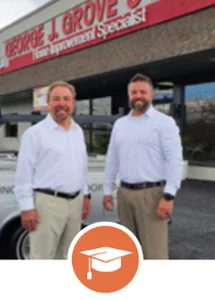 Men standing in front of construction business with graduation cap icon.