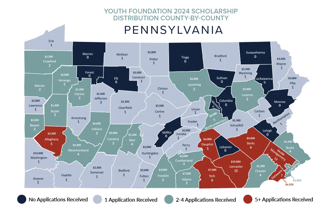 Map of Pennsylvania with number of applications listed per county,