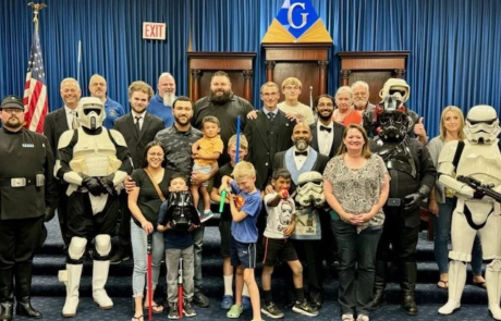 Star Wars Program1 Group standing in lodge room with people dressed as Star Wars characters.