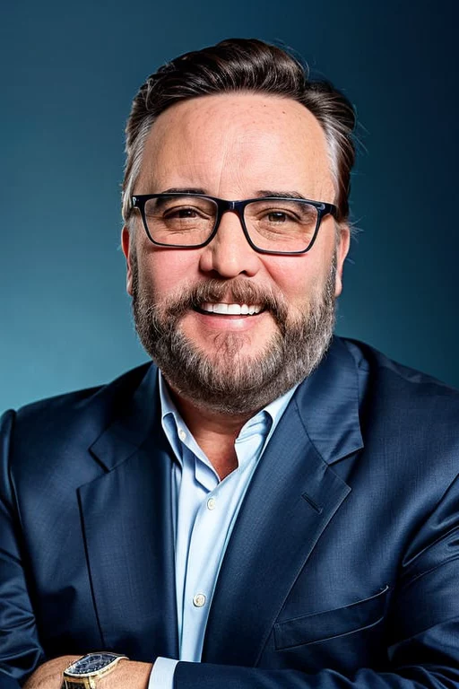 pmm-2024-10-23-blue suite and tie – smiling1 Smiling man with glasses in front of a blue background.