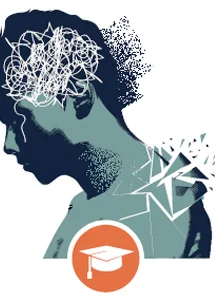 Graphic of abstract person in blue with graduation cap icon.