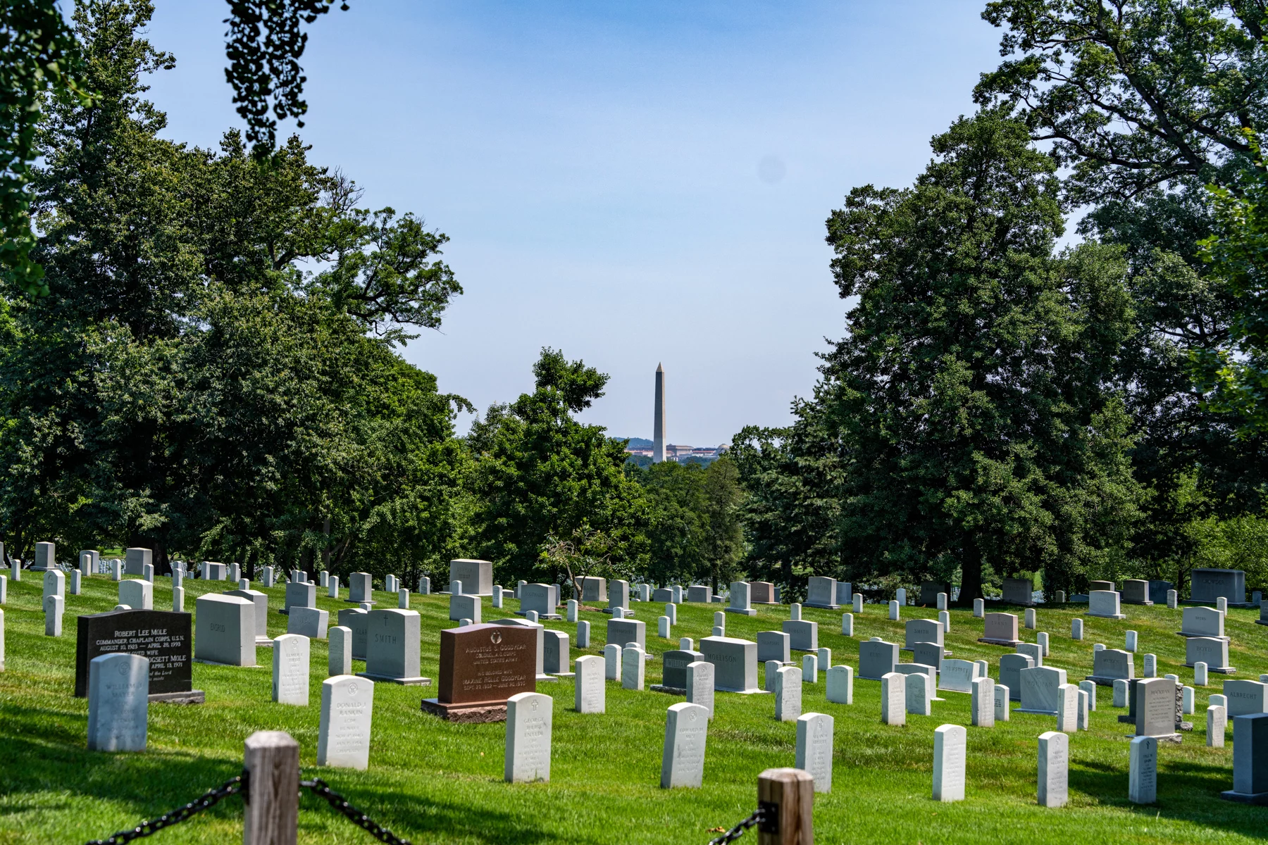 _7R50127 Landscape of Arlington Cemetery tombstones with Washington Monument far off in the distance.