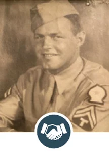 Aged photo of smiling man in military dress with icon of shaking hands.