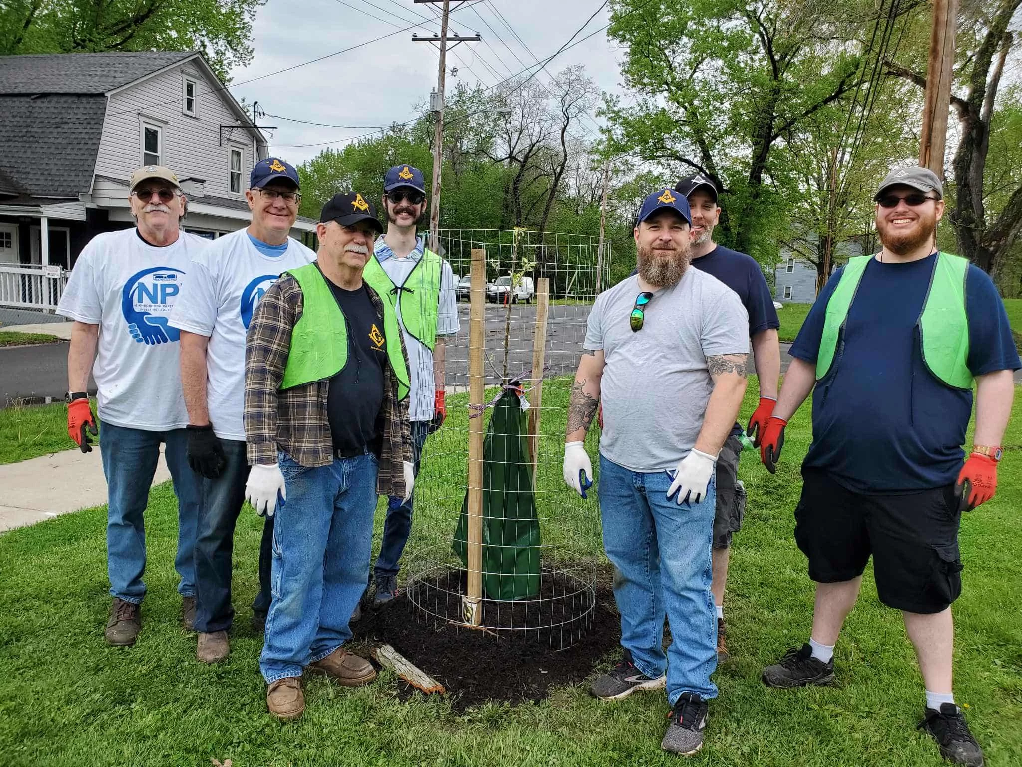 Men standing around newly planted tree.