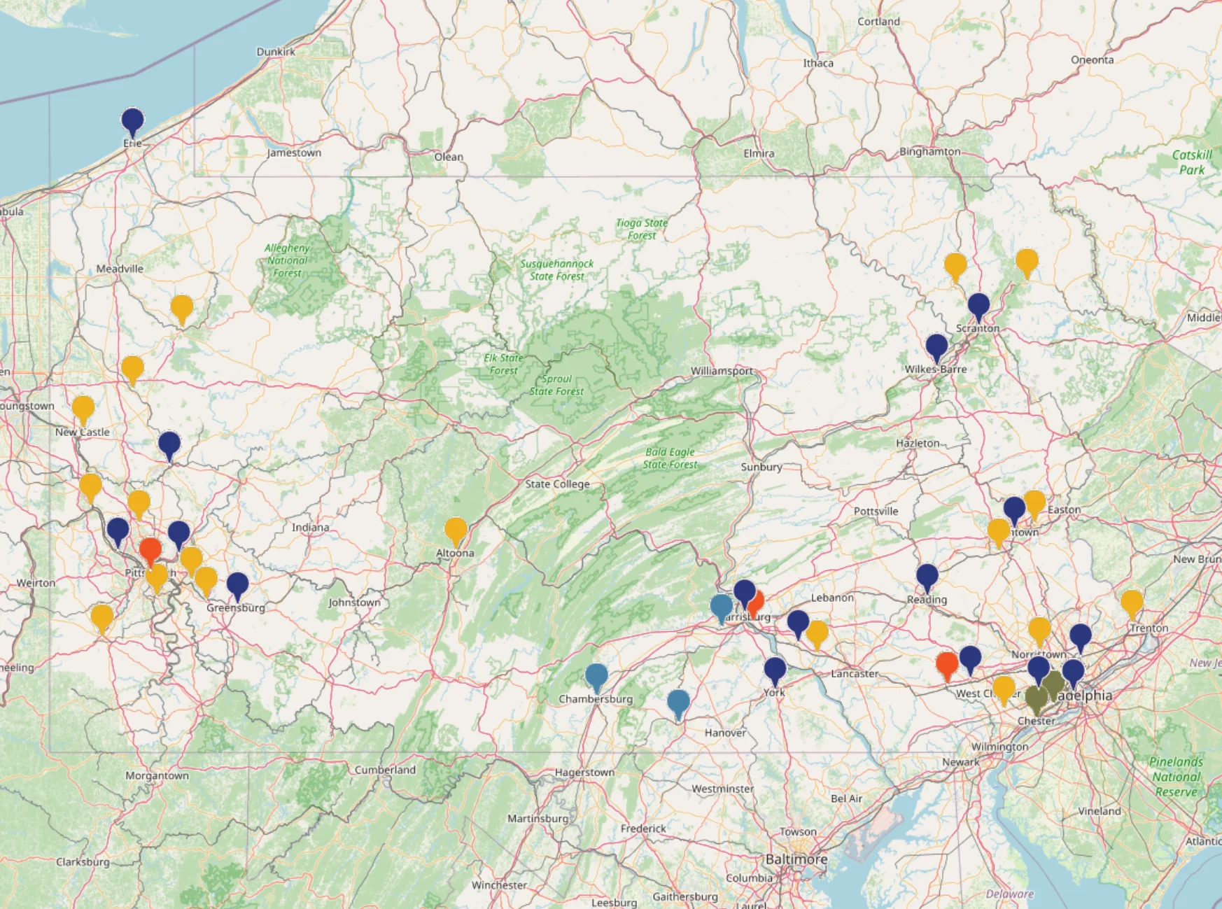Map of Pennsylvania showcasing PMYF youth group chapter locations.