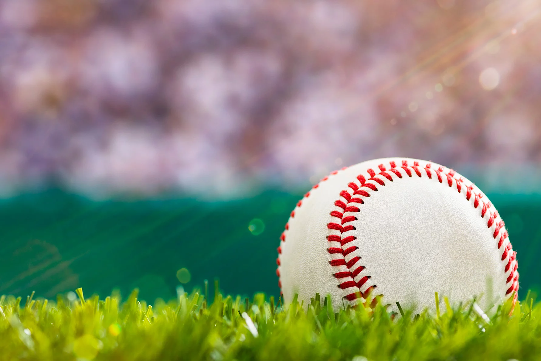 Closeup of baseball on grass.