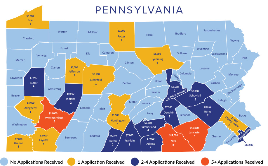 PMYF_Map_Freemason_2025 Map of Pennsylvania showing counties with scholarship applications
