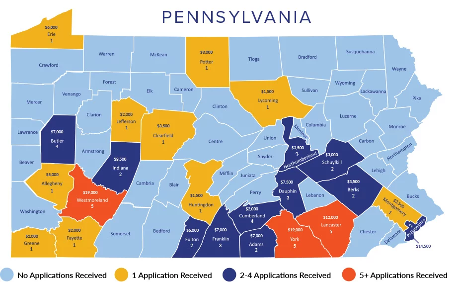 PMYF_Map_Freemason_2025 Map of Pennsylvania showing counties with scholarship applications.