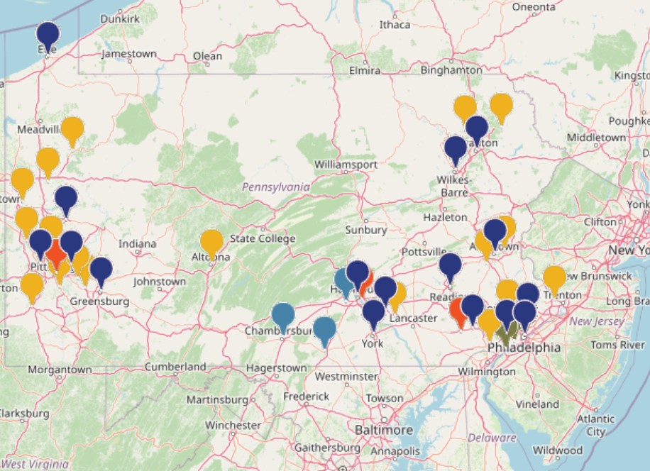 Map of Pennsylvania and surrounding areas showing Masonic Youth Group chapters