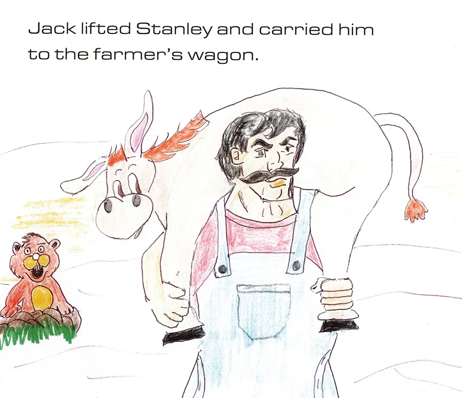 Illustration from book with text reading "Jack lifted Stanley and carried him to the farmer's wagon." Drawing of man lifting donkey over his shoulders.