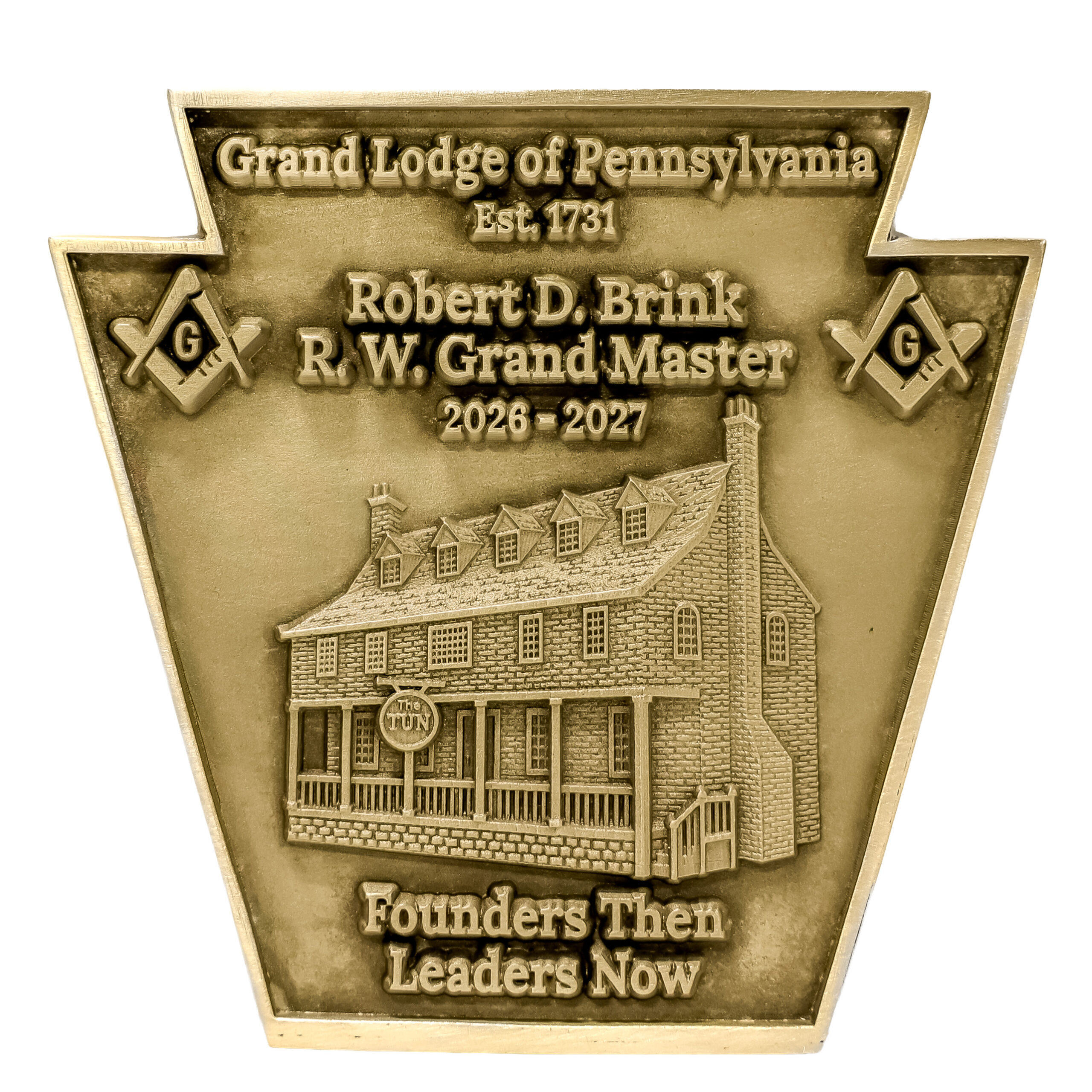 Pin mockup featuring imagery of the Tun tavern with text "Grand Lodge of Pennsylvania, Est. 1731. Robert D. Brink, R.W. Grand Master, 2026-2027, founders then leaders now."