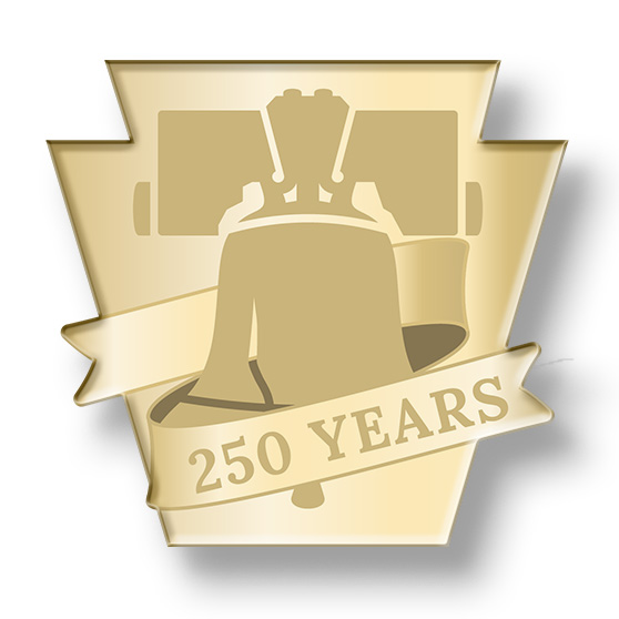 Pin mockup featuring Liberty Bell imagery with banner reading "250 Years."