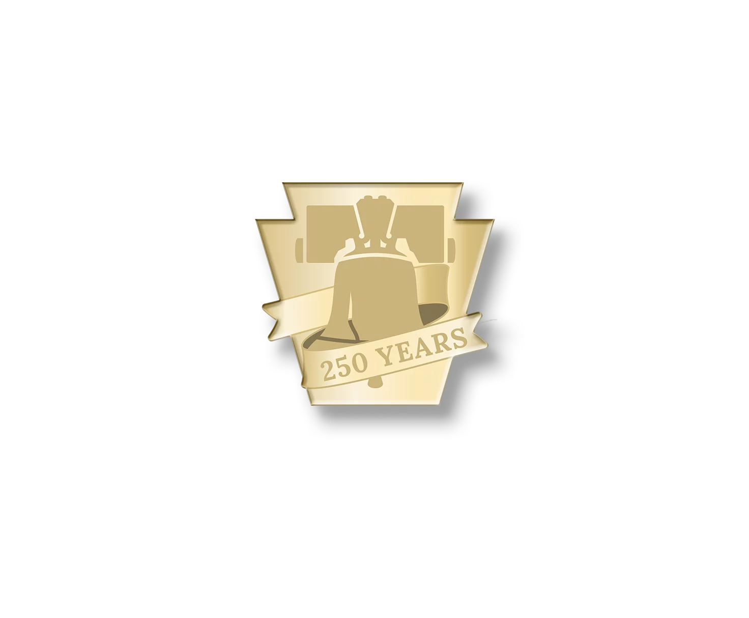 Pin mockup featuring Liberty Bell imagery with banner reading "250 Years."