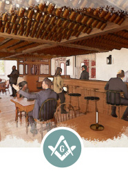 Rendering of inside of tavern with square and compass icon.