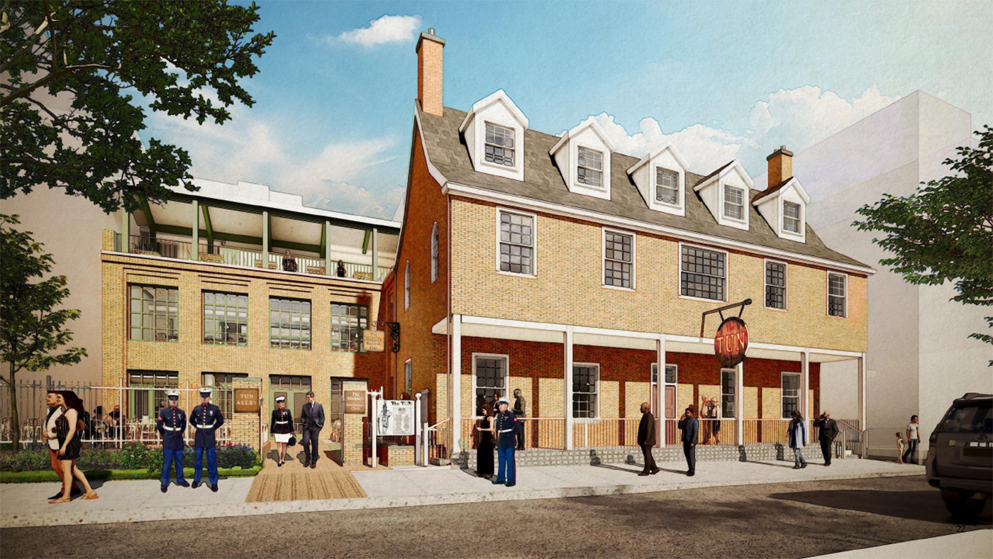 Tun Exterior Rendering 2 Rendering of exterior of Tun tavern with people walking along the sidewalk outside.