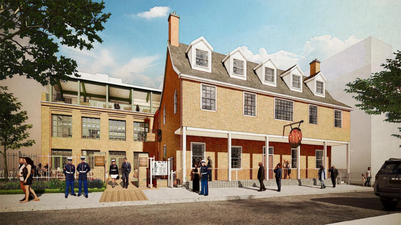 Rendering of exterior of Tun tavern with people walking along the sidewalk outside.