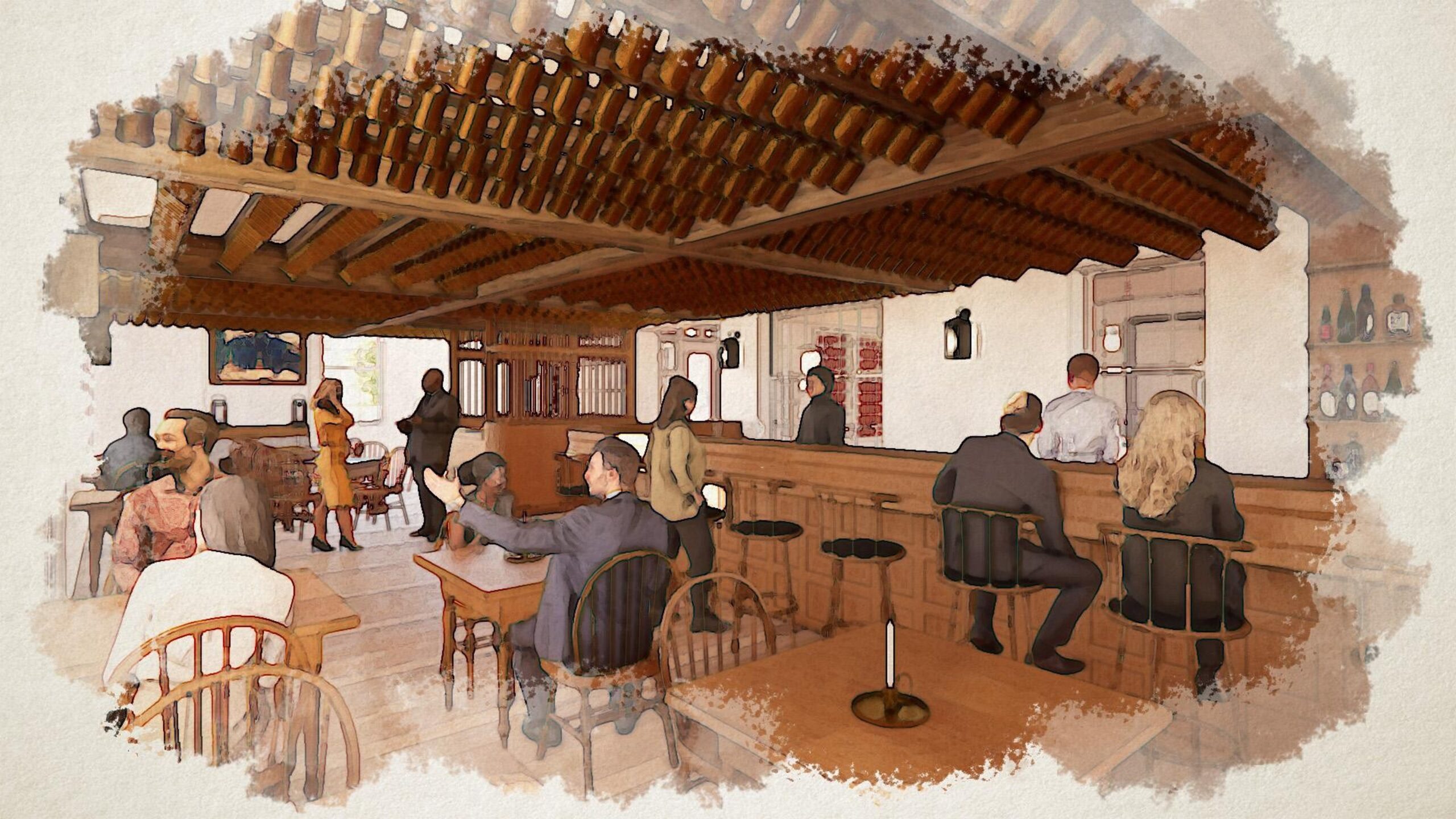 interior Rendering of interior of tavern with people sitting at bar and tables.