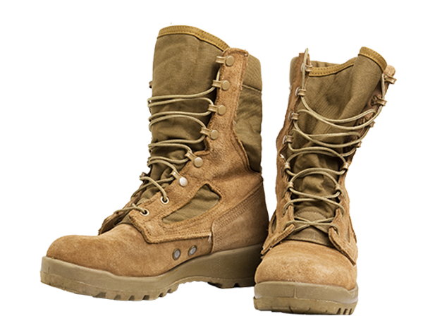 Military-style brown boots.