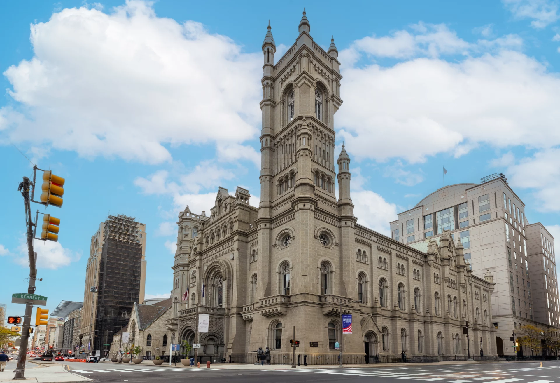 Exterior of Masonic Temple, a large building with a tall tower.