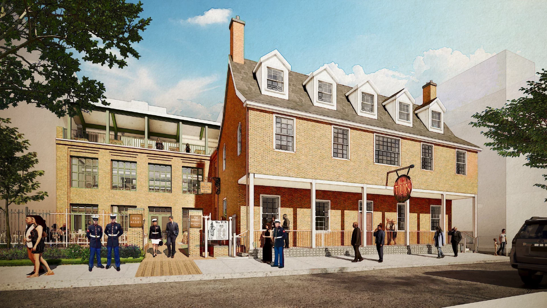 Rendering of the Tun, a brick tavern with a fenced front porch.