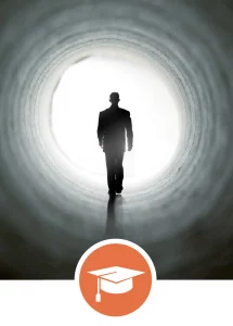 Navigate to "Education" in this issue. Icon shows outline of a man walking through a round space with light behind him, with an icon of a graduation cap overlaid on it.