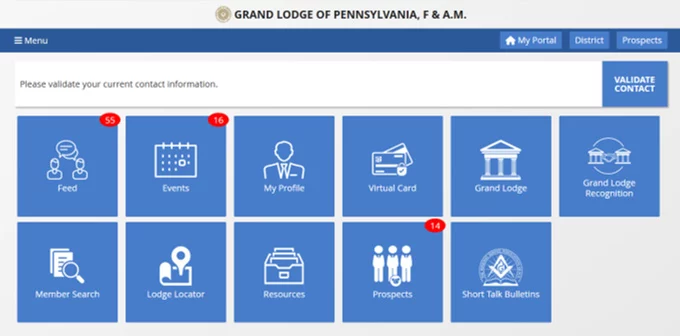 Grandview page showcasing menu options, including: feed, events, my profile, virtual card, Grand Lodge, Grand Lodge recognition, member search, lodge locator, resources, prospects and short talk bulletins.