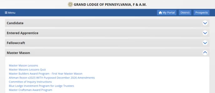 Grand view page showing options, including the Blue Lodge Investment Program for Lodge Trustees, available under the "Master Mason" tab.